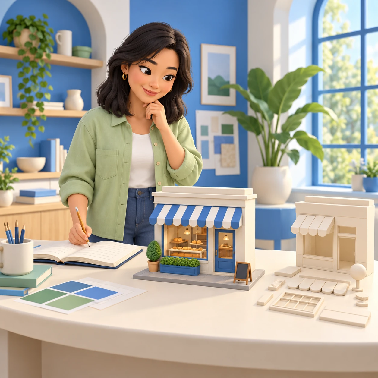 3D illustration of a business owner planning with a miniature bakery model and a notebook