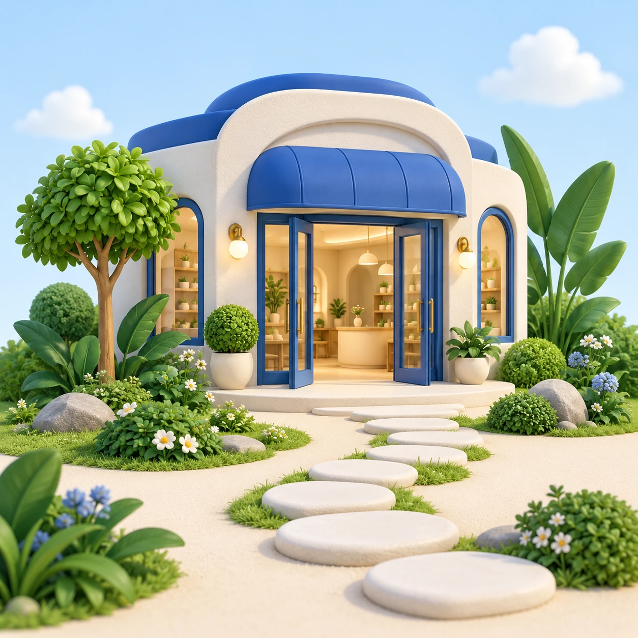 An inviting miniature storefront surrounded by a green garden, with a path leading to its open door