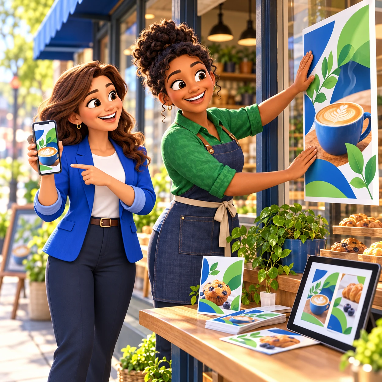 3D illustration of a cafe owner and marketing specialist launching a coordinated storefront campaign