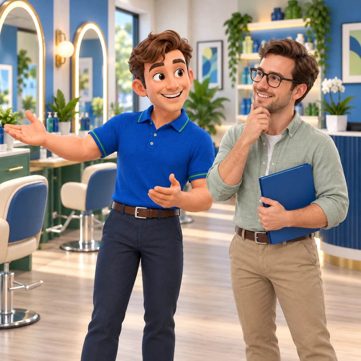 Clark guiding a prospective franchise buyer through a salon business