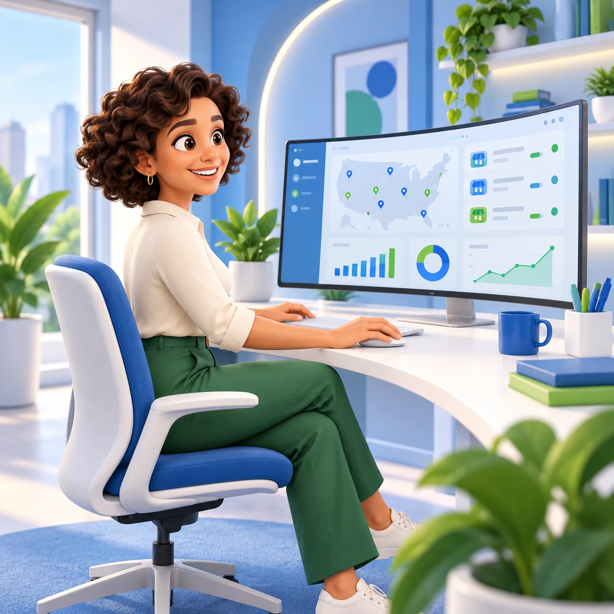 3D illustration of a business owner managing a franchise network from a bright command studio