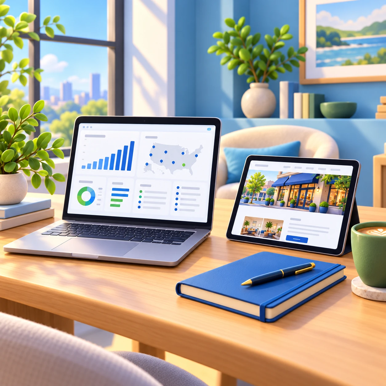 3D illustration of a laptop and tablet showing location software and a branded business website