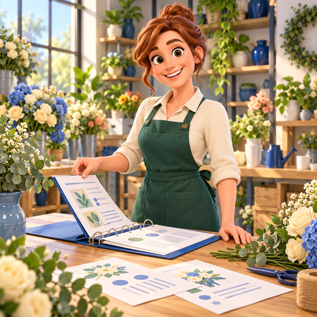 3D illustration of a florist organizing the standards behind her business