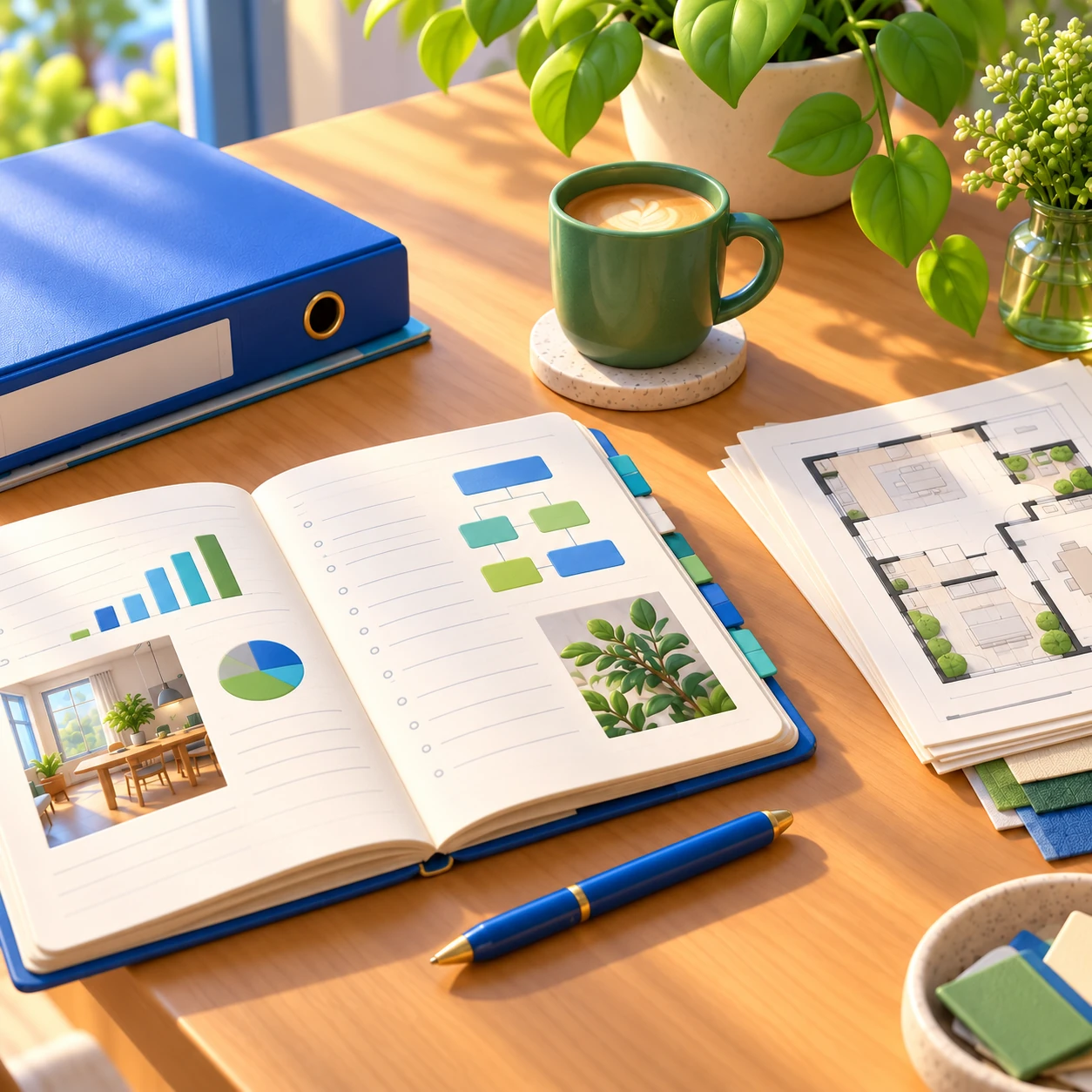 3D illustration of sunlit planning desk with a notebook, blue binder, business floor plan, and green coffee cup