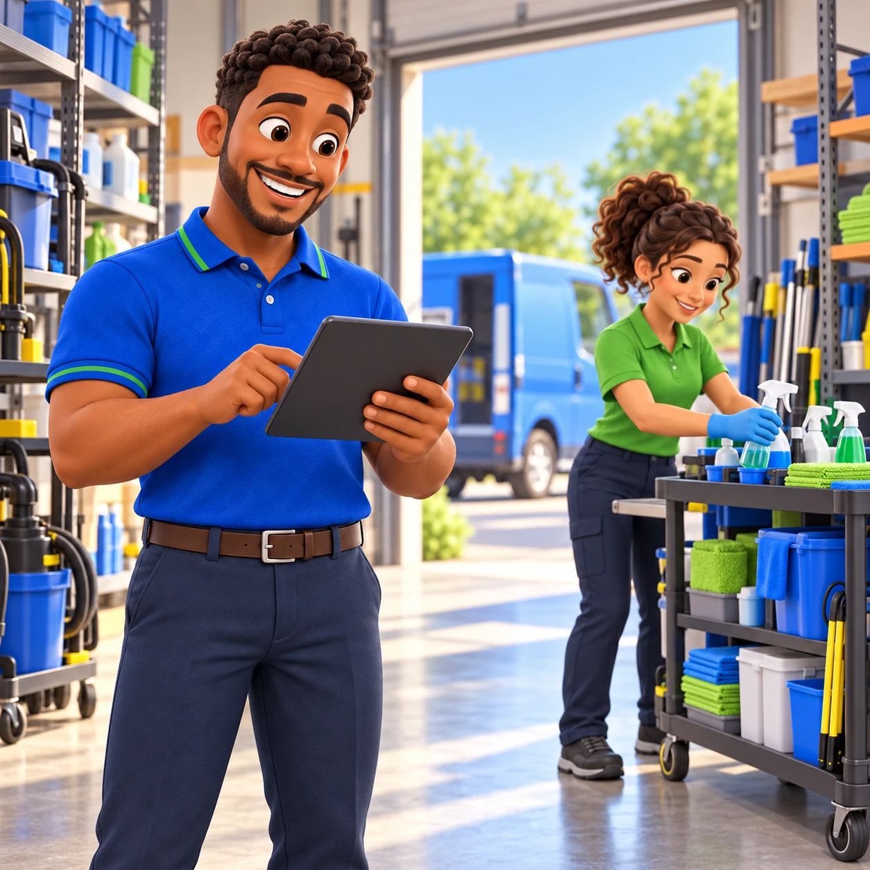 3D illustration of a service business owner coordinating daily work on a tablet