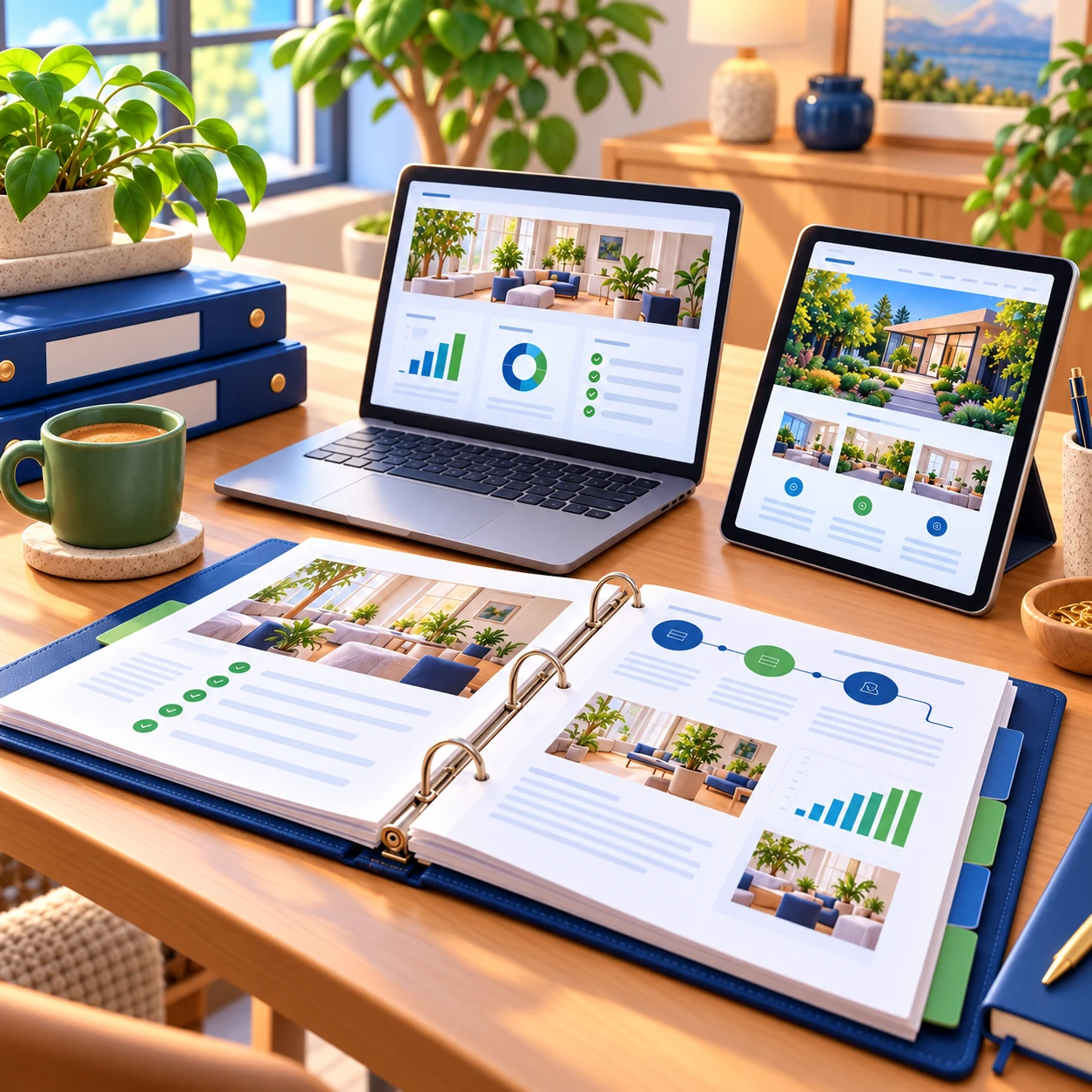 3D illustration of documents, operational software, and a business website brought together on a planning desk